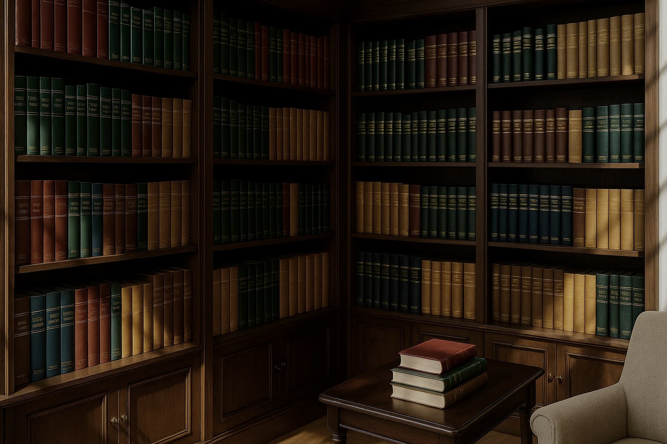A wall of bound volumes under low light